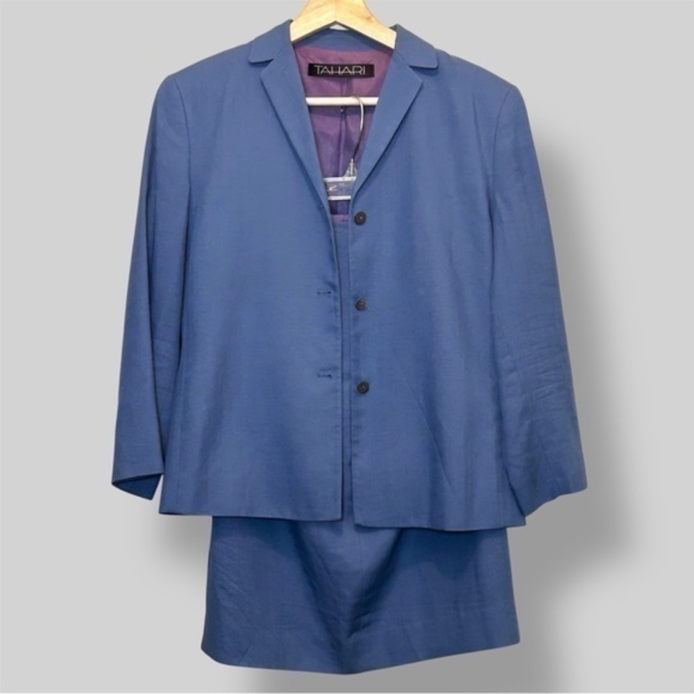Vintage Tahari Blue Linen Blend Blazer Skirt Set size 6